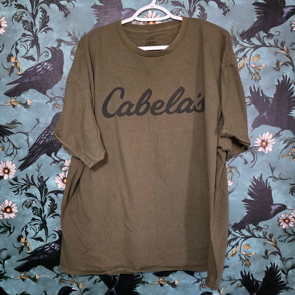 Cabela's T-Shirt Olive Green Graphic Logo Cotton Outdoor Hunting Fishing 2XL Reg